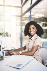 Poster - Business, smile and portrait of black woman with laptop, admin and typing report with paperwork at desk. Folder, research and happy consultant writing online review, email or proposal plan in office