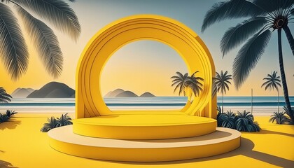 Wall Mural - Summer Travel Banner: Yellow Podium on Tropical Beach Scene