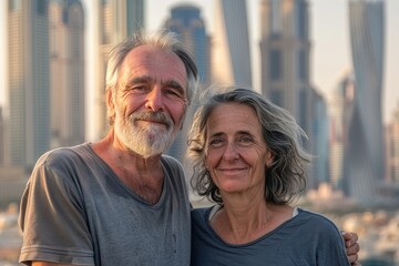 Canvas Print - Portrait of a content couple in their 60s dressed in a casual t-shirt in front of stunning skyscraper skyline