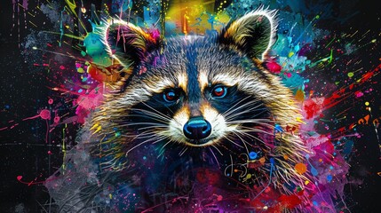 Wall Mural - Raccoon Portrait in a Burst of Color