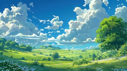 Anime style illustration: dramatic sky with clouds, landscape scene with green meadow and grass and trees. ai generated