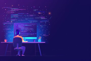Poster - A programmer works on code at a desk in a modern, blue-hued digital workspace, surrounded by floating code snippets and a dark background.