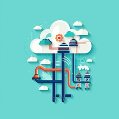 Fototapete - Abstract representation of cloud computing infrastructure with data center connections, symbolizing modern technology and internet services.