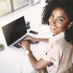 Wall Mural - Screen, portrait and black female with laptop in office, typing and working in corporate career. Workplace, computer and woman assistant with administration for business, schedule email and planning