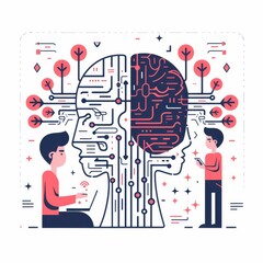 Poster - Illustration of artificial intelligence and machine learning concept with two people and a brain composed of circuits and data.