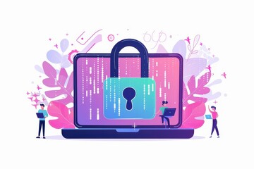 Poster - Vector illustration of data security with a large padlock on a laptop screen, symbolizing cybersecurity concepts and protection of information.
