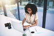 © peopleimages.com - Office, black woman and writer with laptop for typing, research and information for news article with technology. Workplace, computer and digital journalist for planning, reading and creative writing