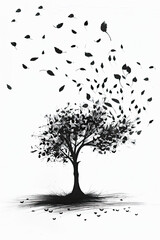 Wall Mural - A black and white sketch of a tree with birds perched on its branches