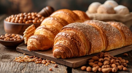 A rustic artisan bread composition featuring golden-brown croissants dusted with powdered sugar, sliced bread, and raw almonds on a wooden cutting board.