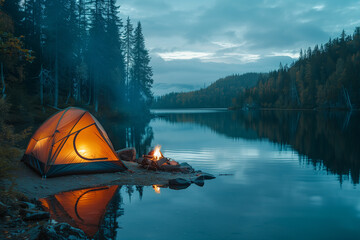 Sticker - Tent set up by a lakeside with a campfire nearby