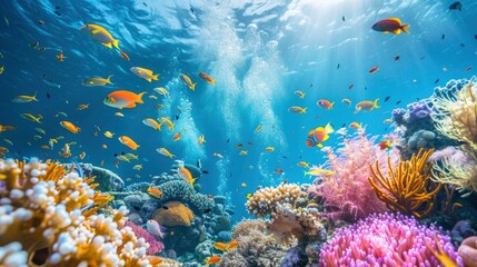 Schools of fusilier fish creating shimmering silver clouds above a vibrant coral reef