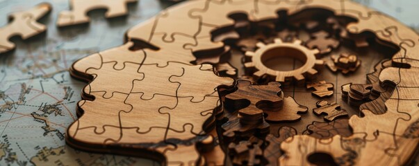 Wall Mural - handcrafted wooden puzzle illustrating machine learning process, handmade artificial intelligence da