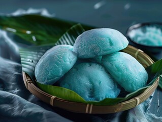 Wall Mural - A basket filled with blue doughnuts sits on a table