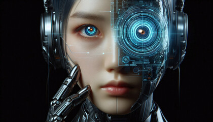 Future woman with cyber technology eye panel concept