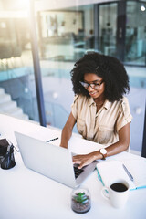 Poster - Office, black woman and journalist with laptop for typing, research and information for news article with technology. Workplace, computer and digital writer for planning, reading and creative writing