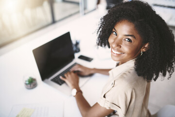 Poster - Screen, portrait and businesswoman with laptop for typing, research and working in corporate career. Office, computer and black female with administration for assistant, schedule email and planning