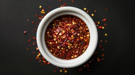 Top view of red pepper flakes in a ceramic white bowl, ideal for Asian cuisine and culinary backgrounds.