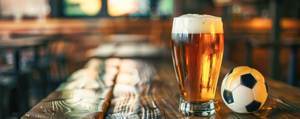 Wall Mural - Beer mug with frothy head and soccer ball on a bar counter in a cozy bar setting.