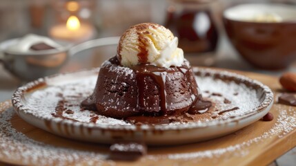 A dessert with chocolate and ice cream on top