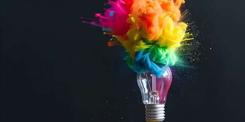 Wall Mural - inspiring innovation colorful light bulb bursting with creativity on black background. concept innov