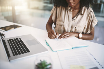 Aufkleber - Office, hands and writer with notebook for writing, notes and information for news article with pen. Person, journal and female journalist for planning, reading and questions for story in workplace