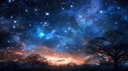 A starry night sky with a few trees in the background. The sky is filled with stars and the trees are bare