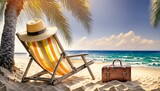 Leżak, kapelusz i walizka stojąca na plaży pod palmami. W tle morze. Motyw wakacyjnej podróży, urlopu, odpoczynku w tropikach