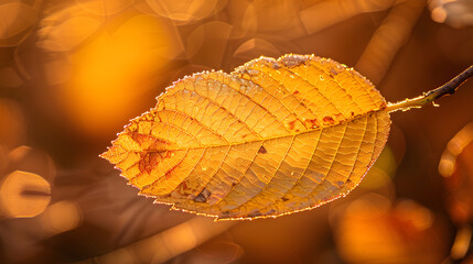 Wall Mural - A leaf is shown in a golden light, with a blurry background