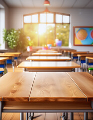 Wall Mural - Panoramic empty clean wood counter table top on blur student study in classroom white light background for product education learning hall centre, Abstract Blurry wooden desk scene display or montage.