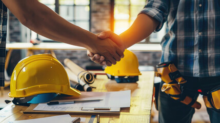 Wall Mural - Handshake Between Engineers on Construction Site Signifying Agreement