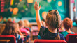 © Creative mind - Eager little student raising hand in classroom during lesson. Active schoolgirl engagement in colorful educational environment. Perfect for back to school advertisement.