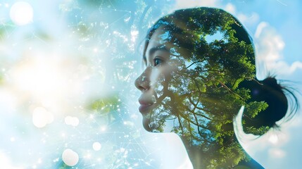 Wall Mural - double exposure of young woman and nature background
