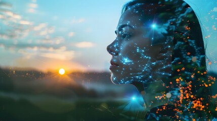 Wall Mural - double exposure of young woman and nature background