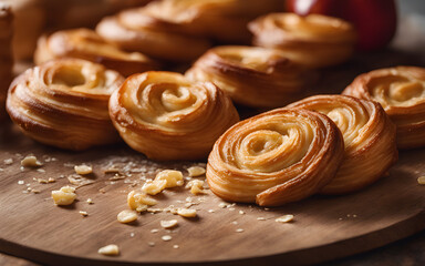 Palmier, flaky and golden, on a rustic board, warm bakery, morning light