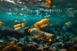 © Carmen - Underwater view of many dirty plastic bottles, ocean pollution awareness, copy space