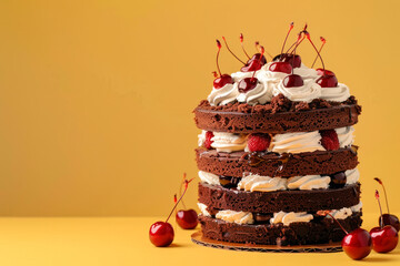 Poster - Black forest cake with dark chocolate, whipped cream and cherry on yellow background. Schwarzwald pie.