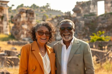 Wall Mural - Portrait of a grinning multicultural couple in their 50s dressed in a stylish blazer isolated in backdrop of ancient ruins