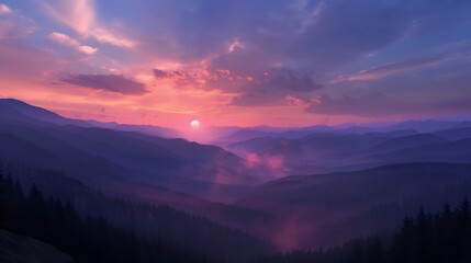 Wall Mural - Misty Mountain Sunset Landscape