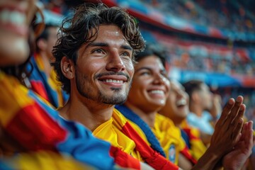 Wall Mural - Vibrant scene: colombian fans cheer and celebrate passionately in stadium stands during soccer game, capturing lively spirit and enthusiasm of supporters, creating electric and colorful atmosphere.