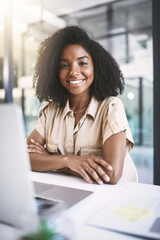 Portrait, laptop and black woman with notes, smile and pride with business development manager in office. Documents, planning and consultant with confidence, opportunity and growth at online agency