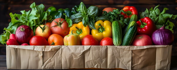 Wall Mural - Assortment mix of fresh organic vegetables and leafy greens in box of eco friendly paper. Background for banner. Concept of organic natural products, farm to table