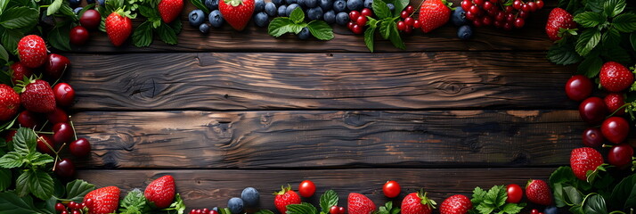 Wall Mural - Assortment of bright colorful vibrant berries with green leaves on wooden boards surface, with free copy space in center. Layout, template for design. Banner, flat lay, top view