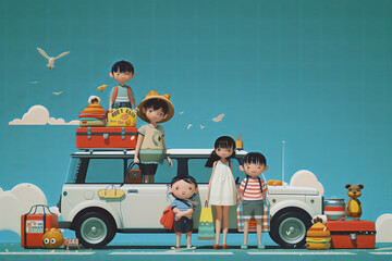 illustration of a family ready for a fun road trip. The animated scene depicts parents and three children standing beside a packed car, with luggage and travel essentials.