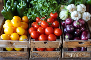 Wall Mural - In wooden crates at market, organic vegetables. Assortment includes red and yellow tomato, bell pepper, blue onion, garlic, basil. Rustic feel, farm produce. Organic food concept