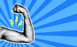 © Iulia - Halftone comic dotted collage with a man's hand showing strength, muscles. Template in retro style, groove, pop art with disintegrating rays for wallpaper, flyer, web site. Vector illustration EPS10