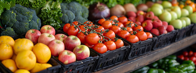 Wall Mural - Fresh vegetables, citrus fruits, lemons, tomatoes, apples in plastic crates, in showcase of private vegetable shop. Concept of organic produce with vibrant colors, healthy veggies