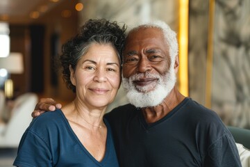 Wall Mural - Portrait of a satisfied multiethnic couple in their 80s dressed in a casual t-shirt while standing against luxurious hotel lobby