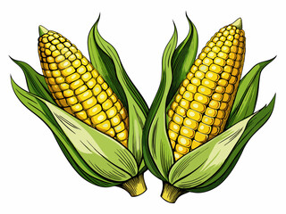 illustration vector of fresh two corn cob on isolated white background, vegetable cartoon