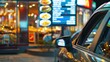 © Artyom - Car waits at drive-through with menu screen visible, illuminated by colorful lights