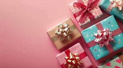 Canvas Print - Assortment of wrapped gifts on pink background with copy space